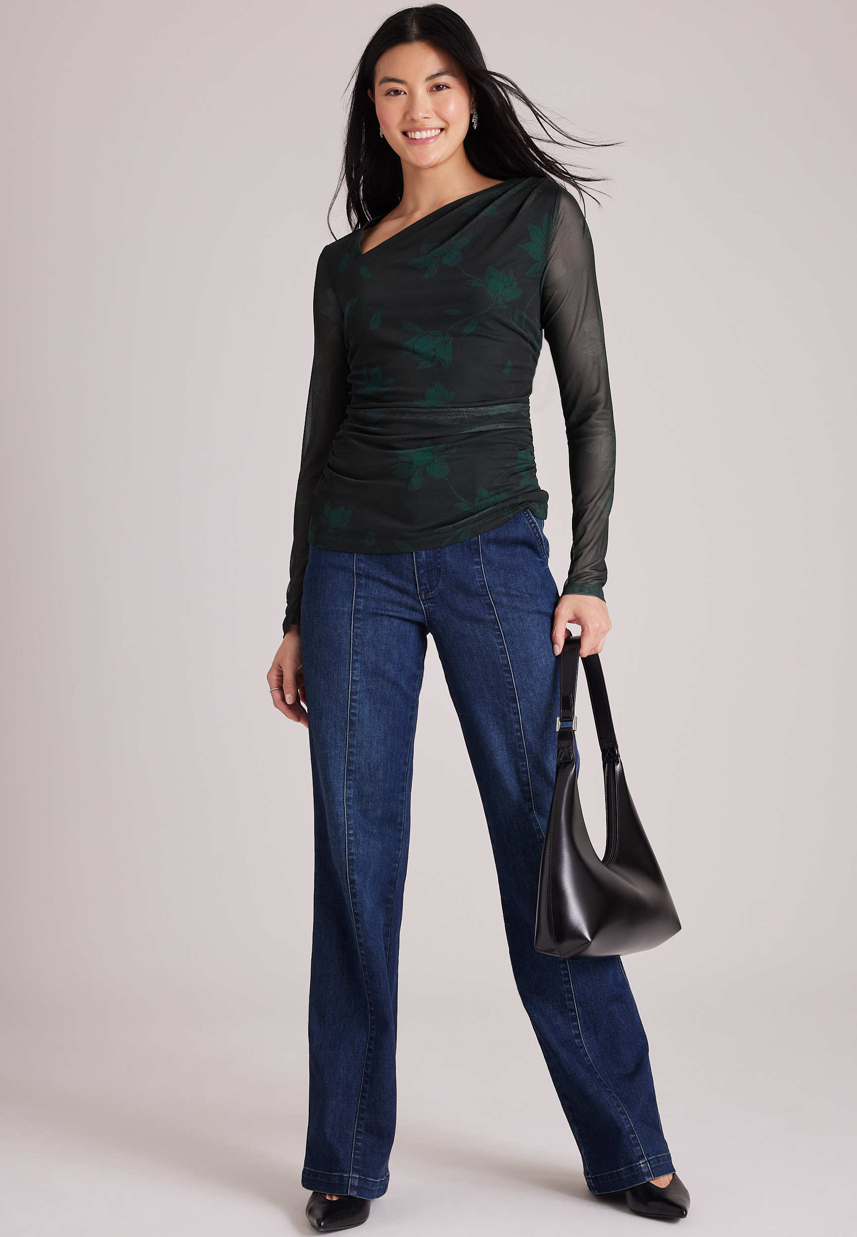 Floral Long Sleeve Mesh Top, C5273, large