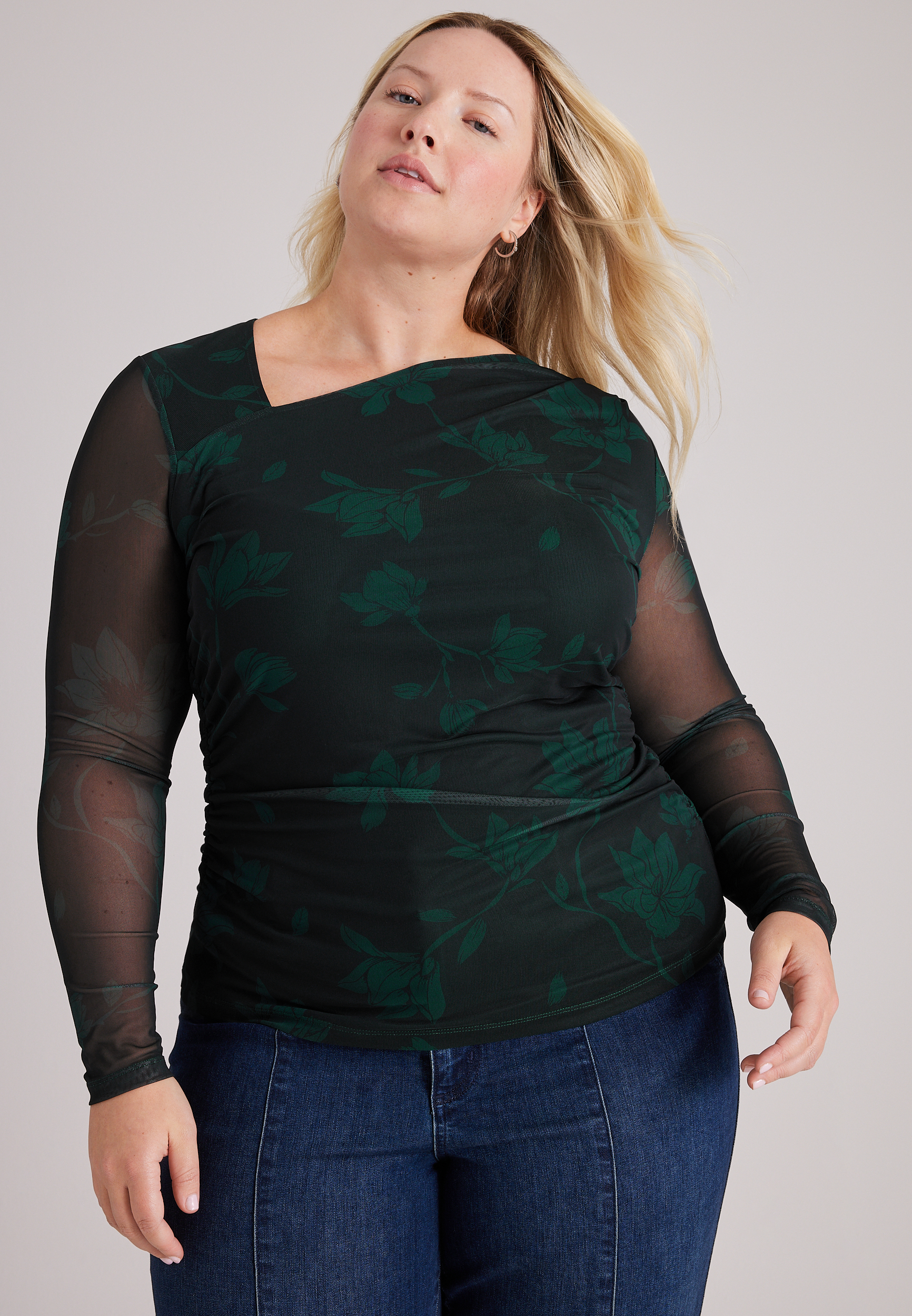 Plus Size Floral Long Sleeve Mesh Top | maurices