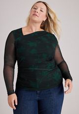 Plus Size Floral Long Sleeve Mesh Top, C5273, small