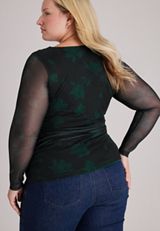 Plus Size Floral Long Sleeve Mesh Top, C5273, small