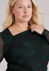 Plus Size Floral Long Sleeve Mesh Top, C5273, small