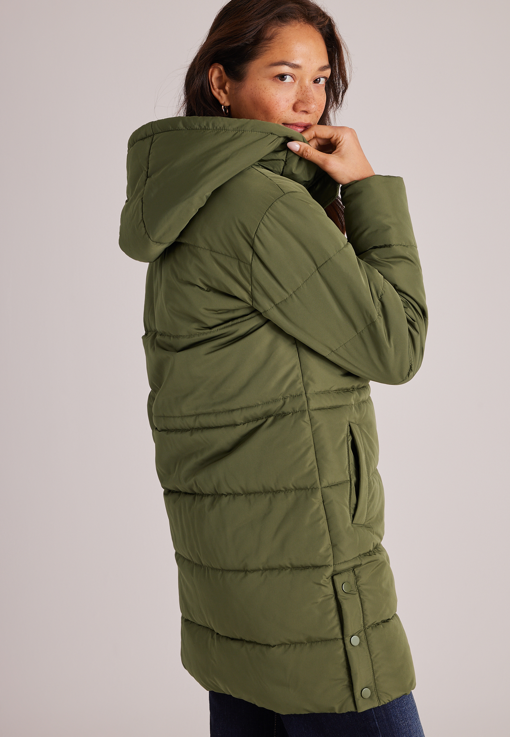Cinch Waist Long Puffer Jacket, C9161, large