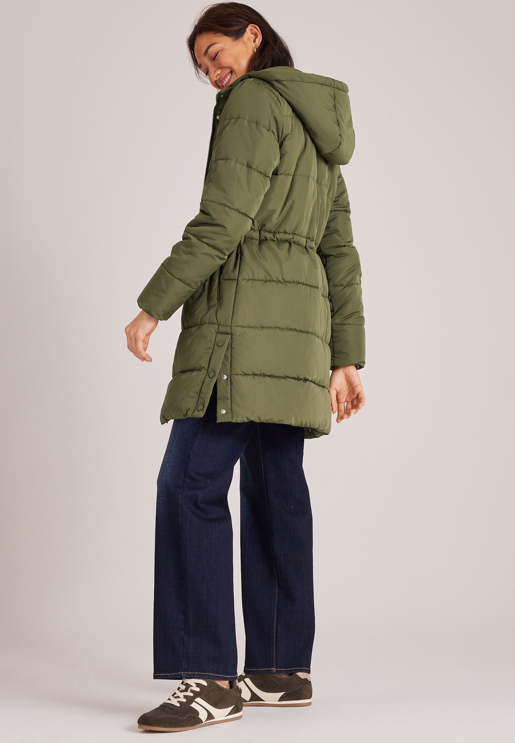 Cinch Waist Long Puffer Jacket, C9161, large