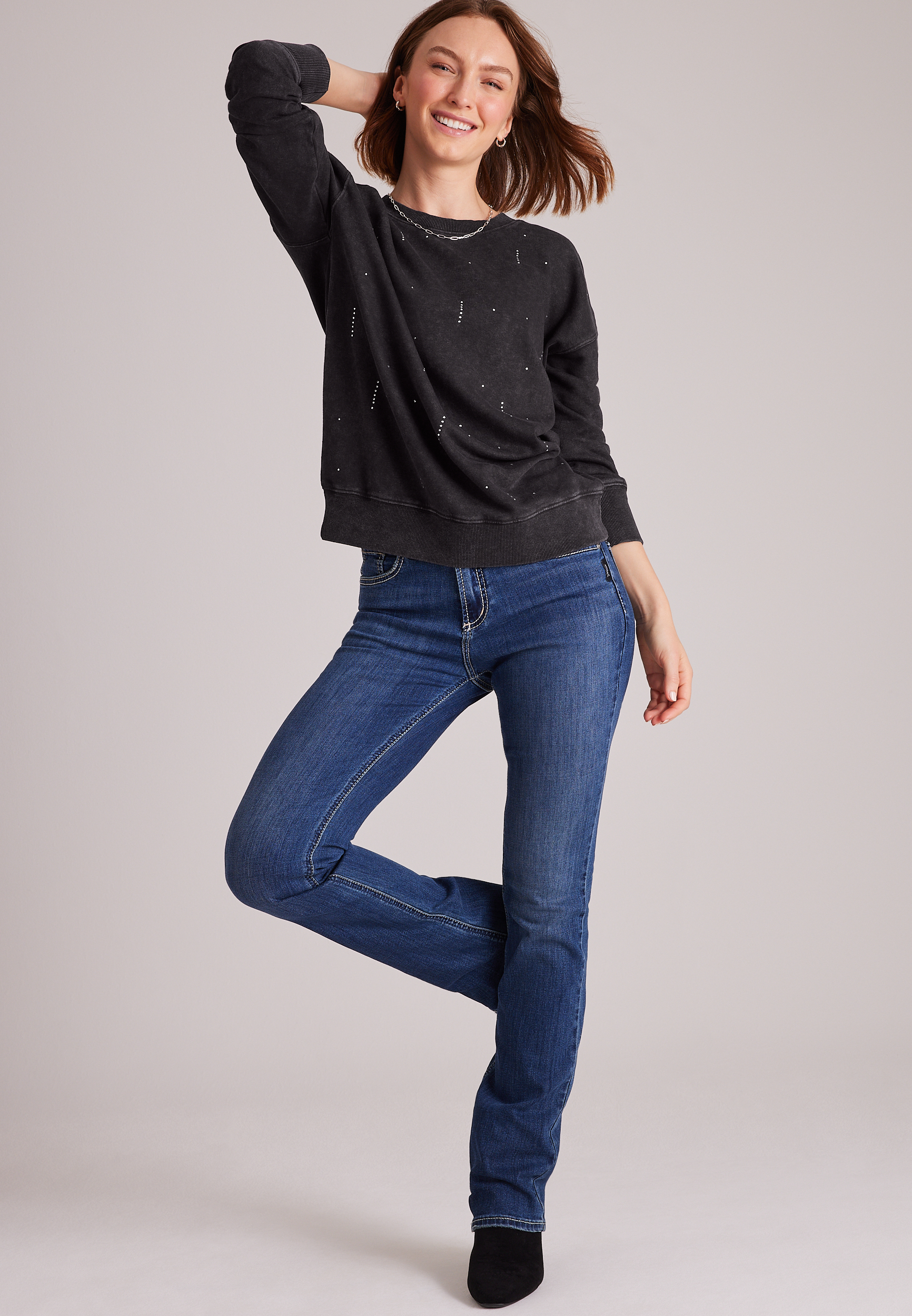Rhinestone Washed Crew Neck Sweatshirt, C106, large