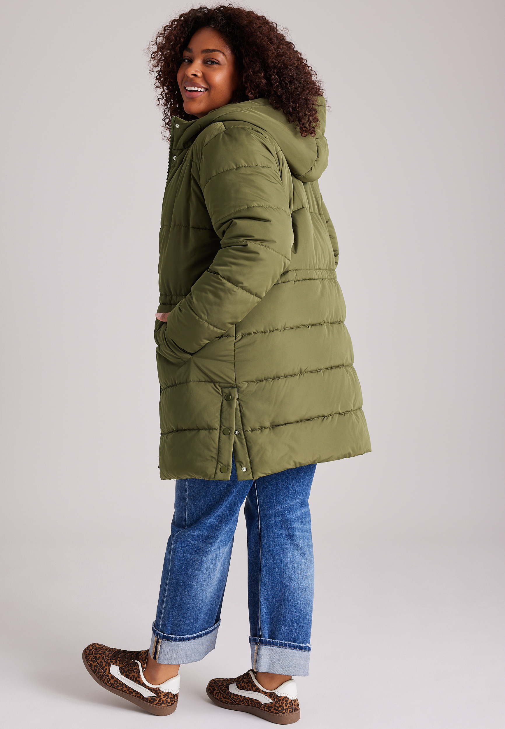 Plus Size Cinch Waist Long Puffer Jacket, C9161, large
