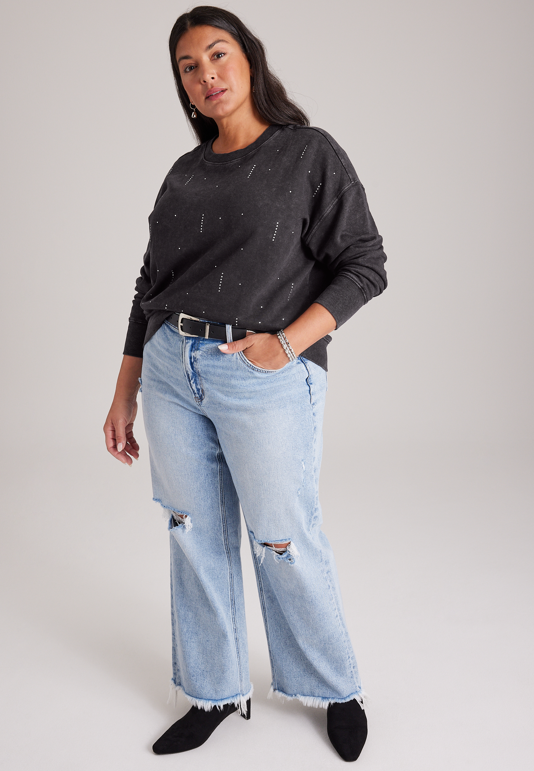 Plus Size Rhinestone Washed Crew Neck Sweatshirt, C106, large