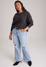 Plus Size Rhinestone Washed Crew Neck Sweatshirt, C106, small