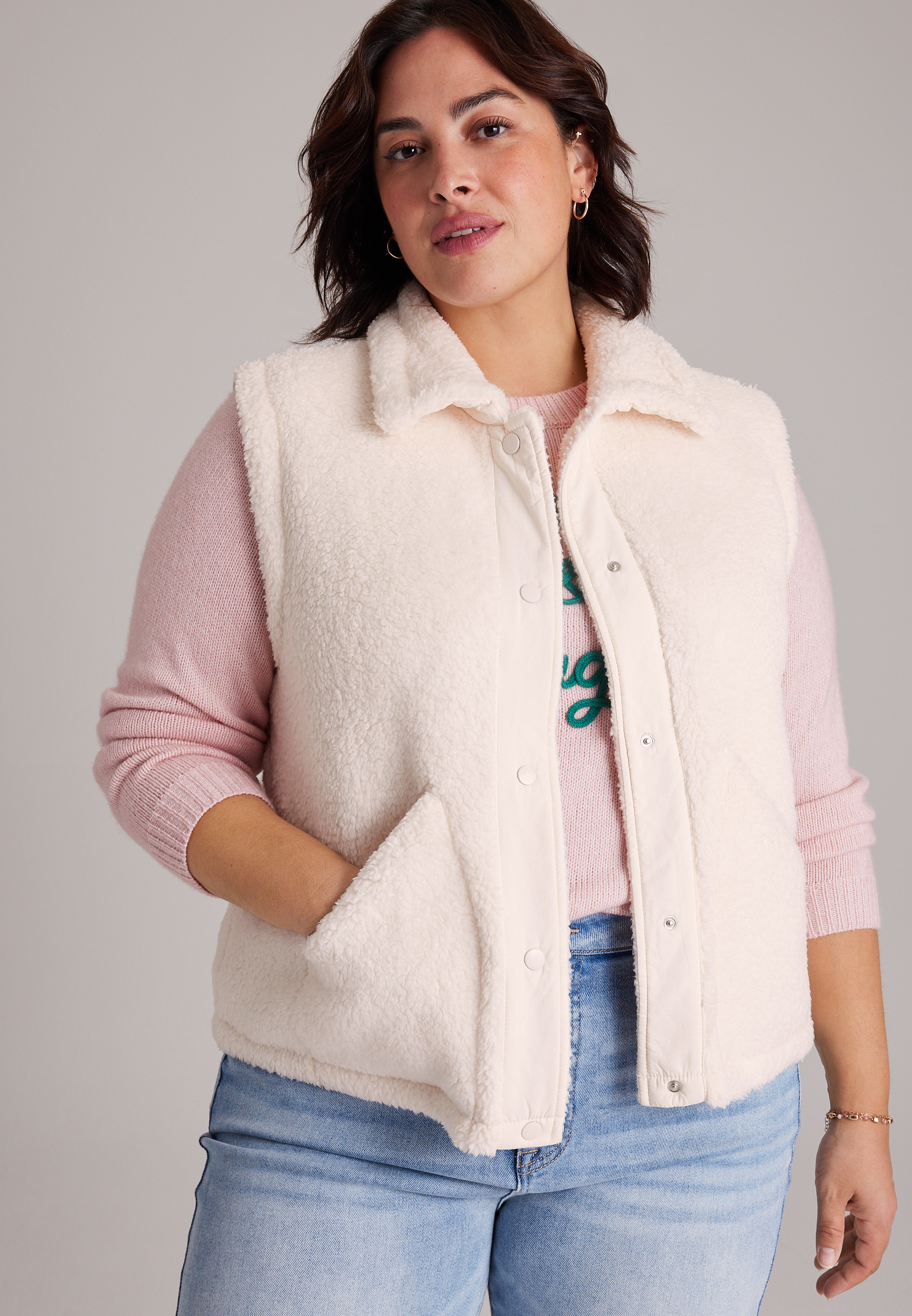 Plus Size Sherpa Snap Front Vest, C8232, large