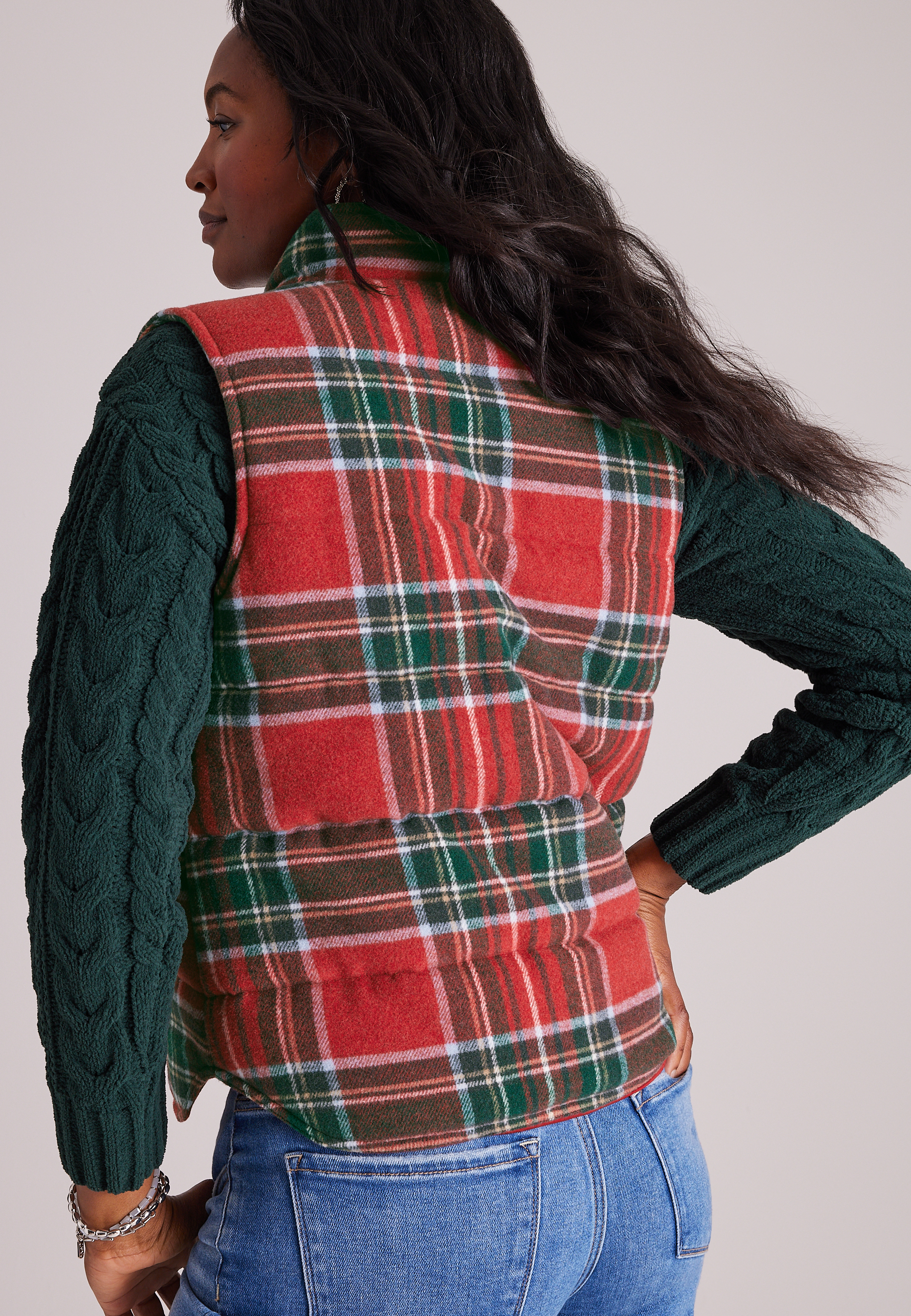 Plaid Snap Front Puffer Vest, C2842, large