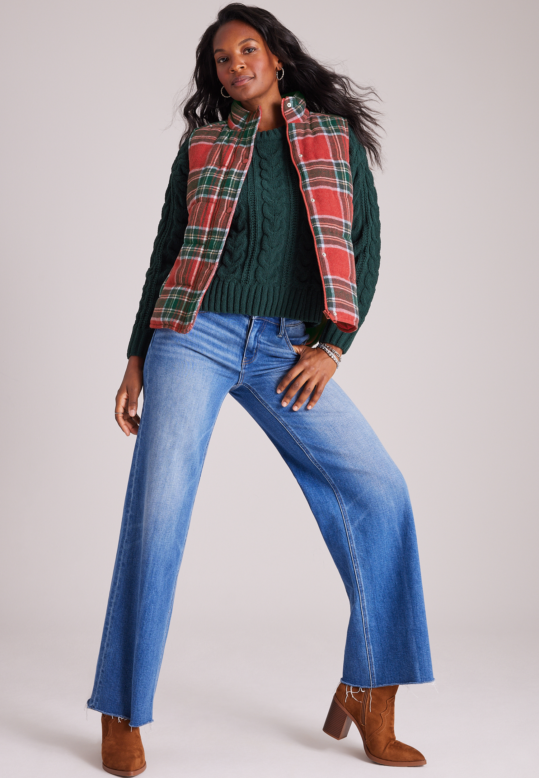Plaid Snap Front Puffer Vest, C2842, large