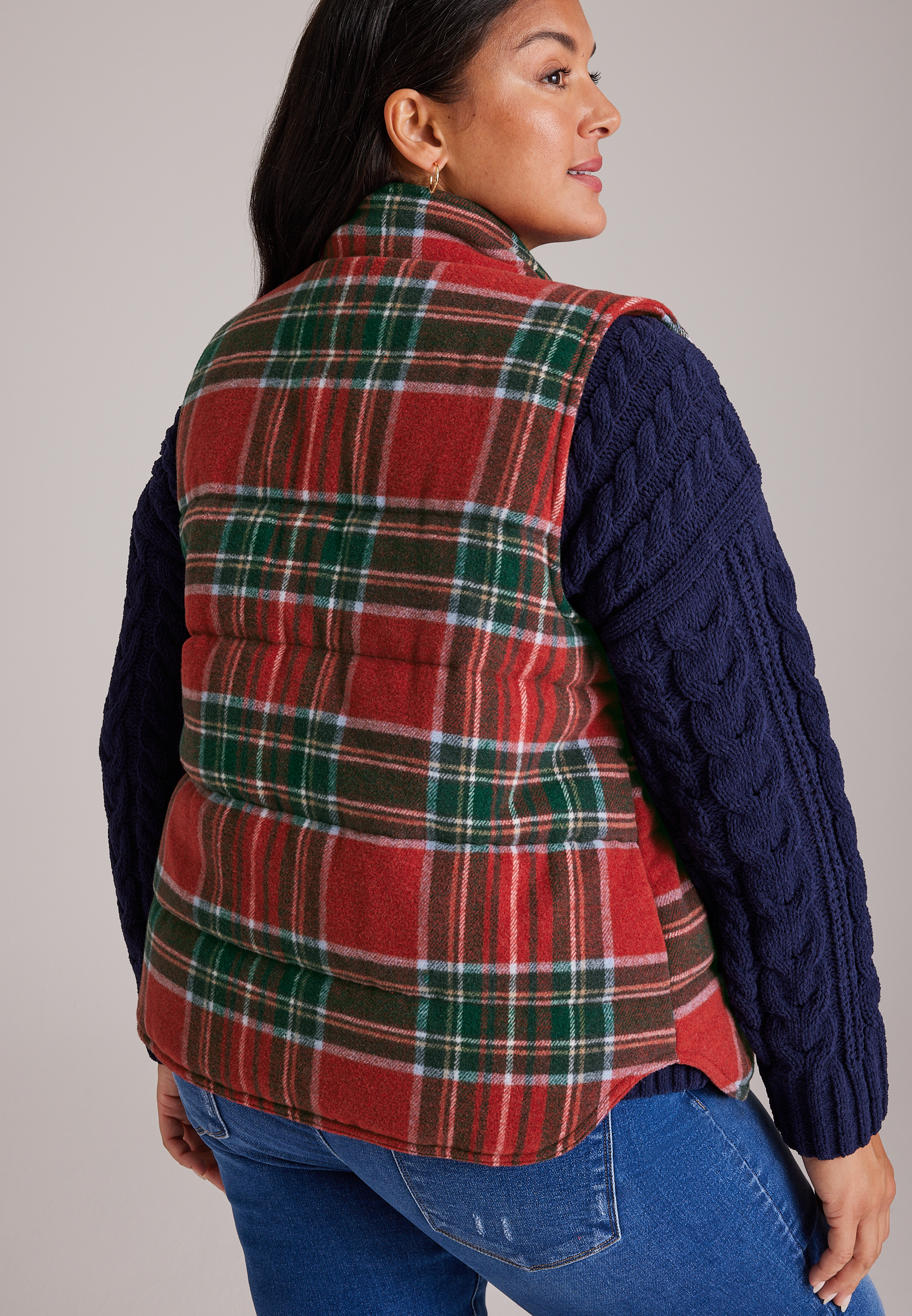 Plus Size Plaid Snap Front Puffer Vest, C2842, large