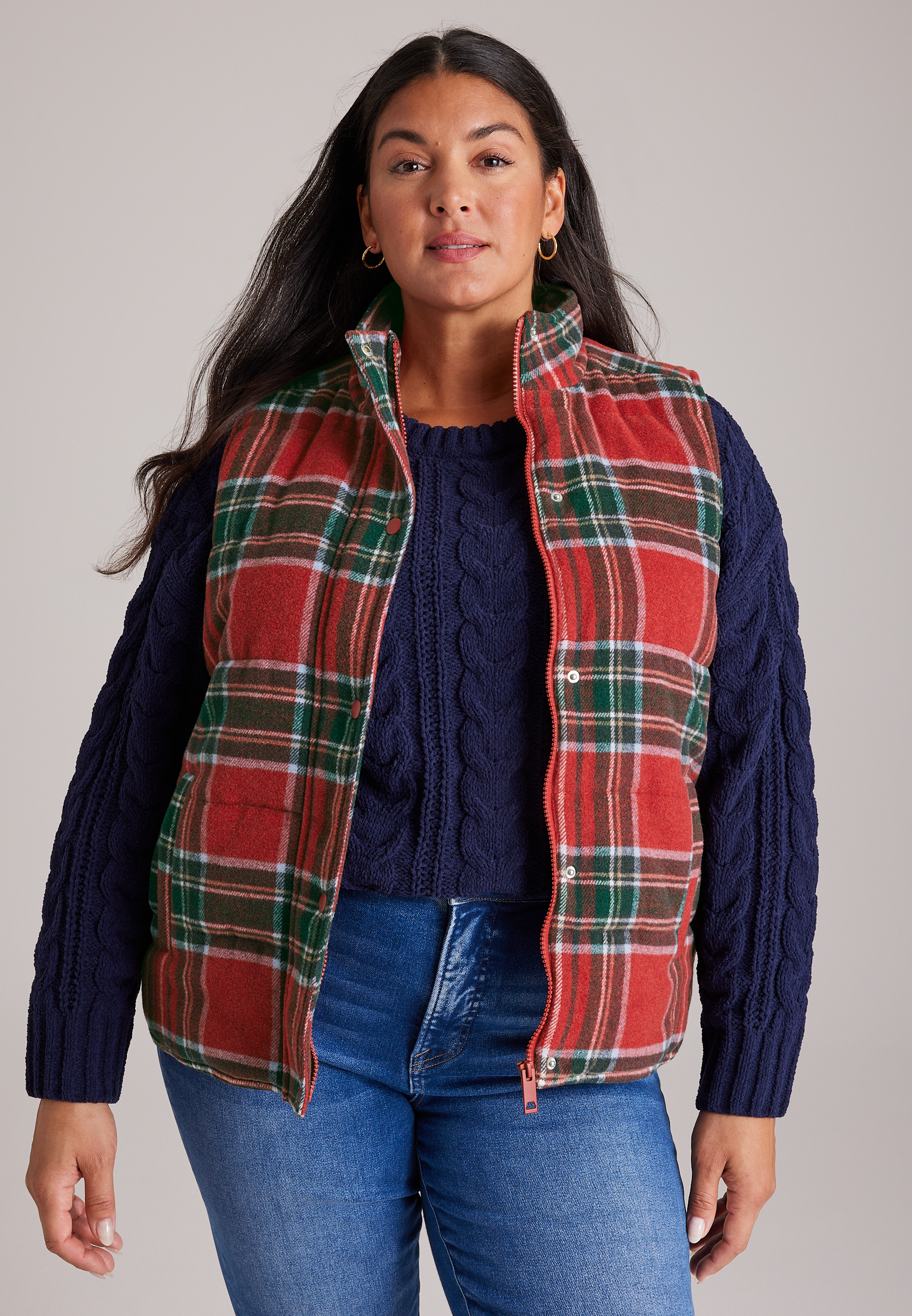 Plus Size Plaid Snap Front Puffer Vest, C2842, large
