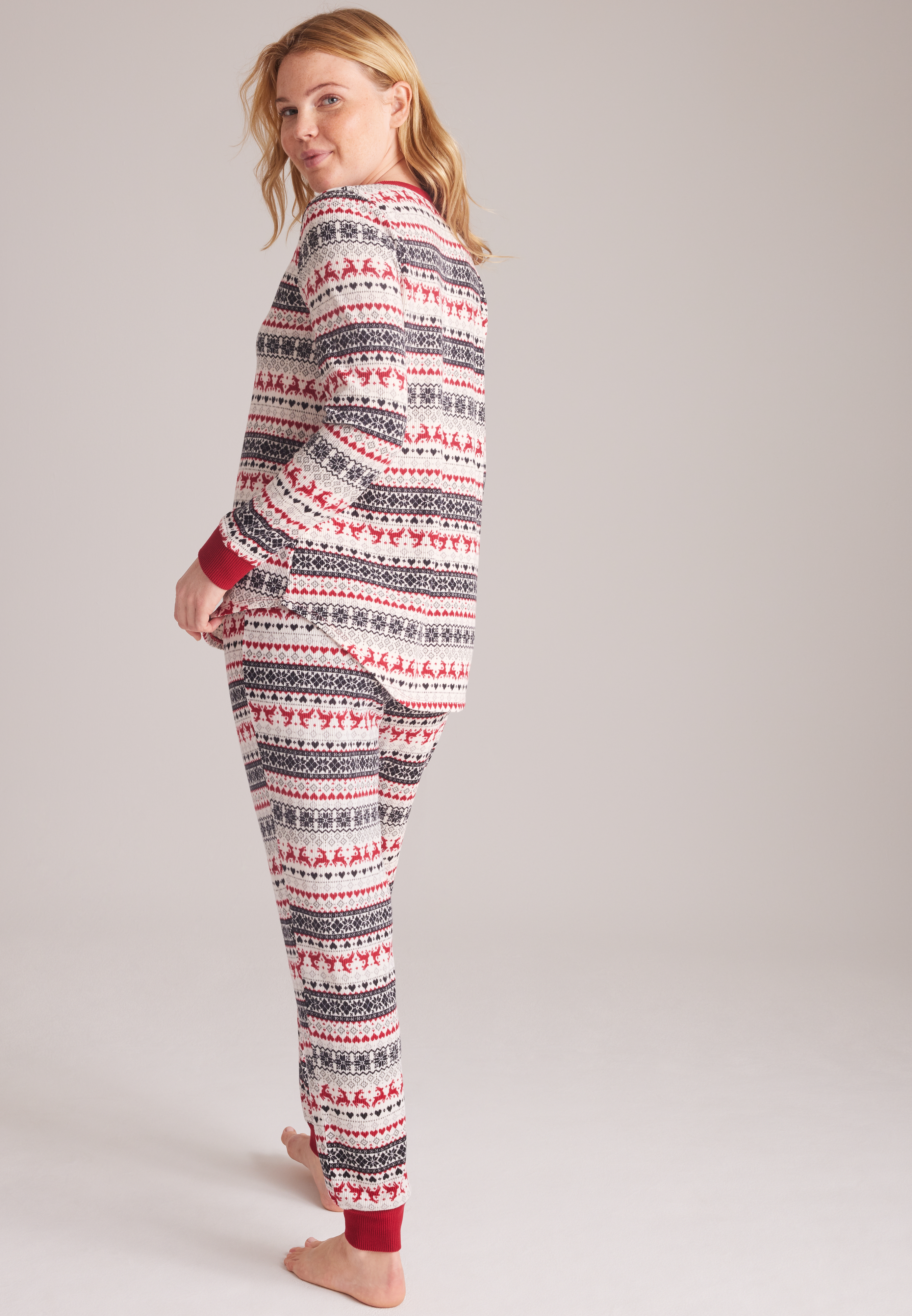 Reindeer Fair Isle Waffle Knit Pajama Set, C1756, large