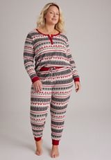 Plus Size Reindeer Fair Isle Waffle Knit Pajama Set, C1756, small