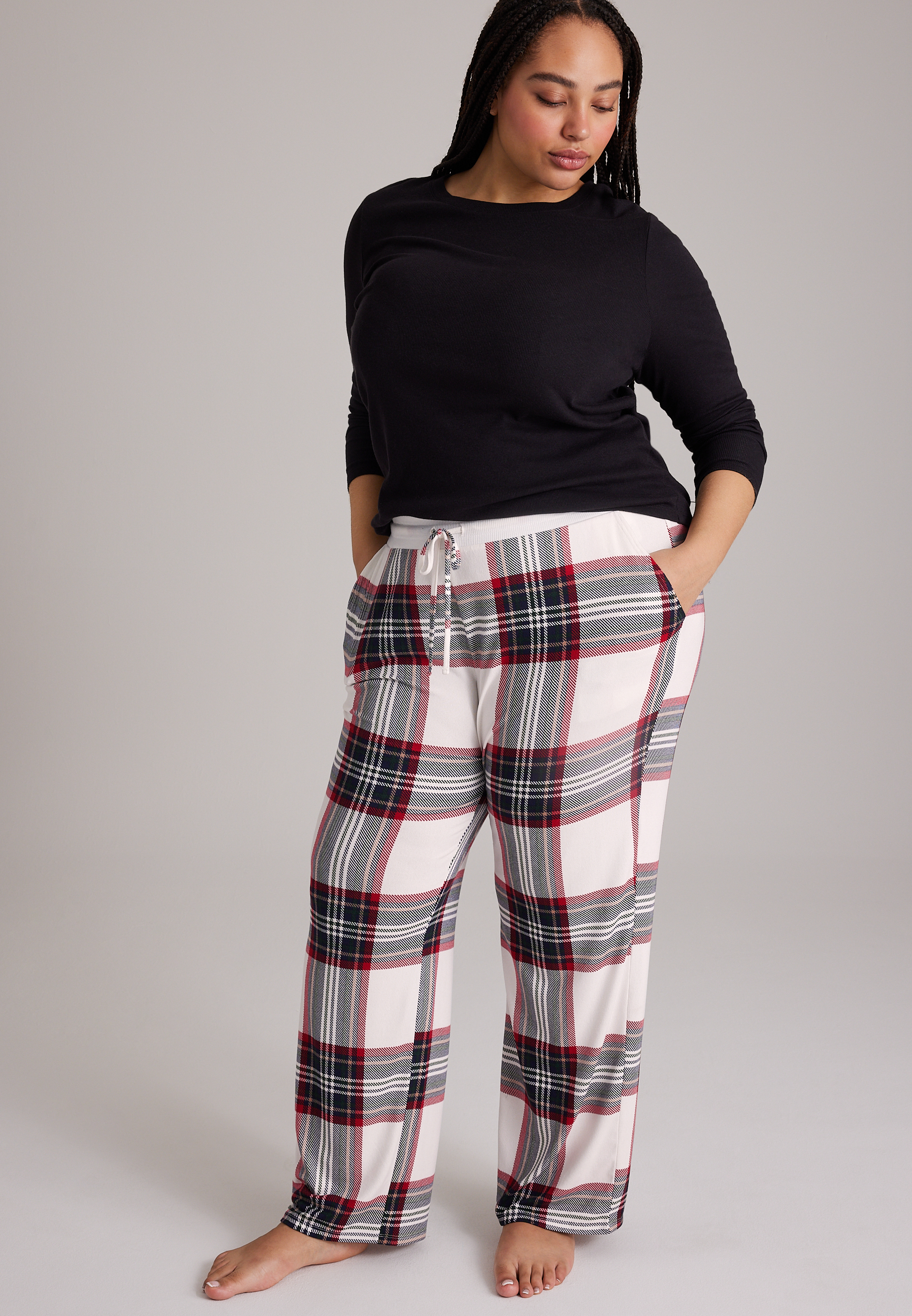 Plus Size Plaid Hacci Wide Leg Pajama Pants, C1772, large