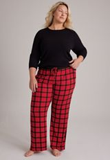 Plus Size Red Plaid Hacci Wide Leg Pajama Pants, C1756, small