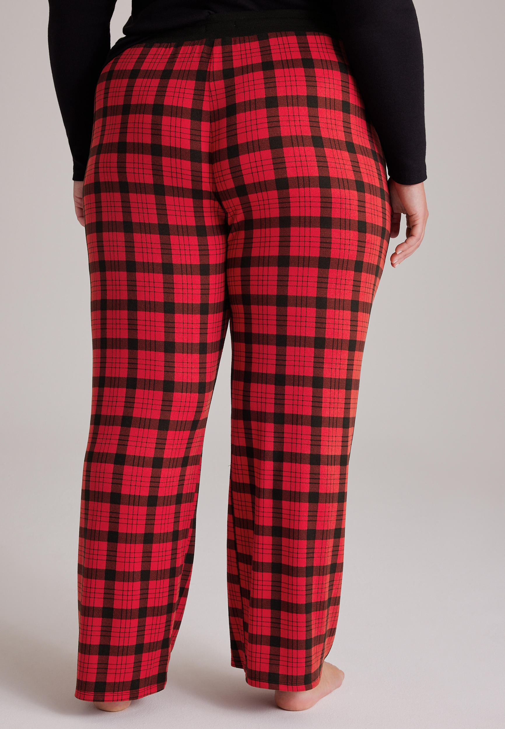 Plus Size Red Plaid Hacci Wide Leg Pajama Pants, C1756, large