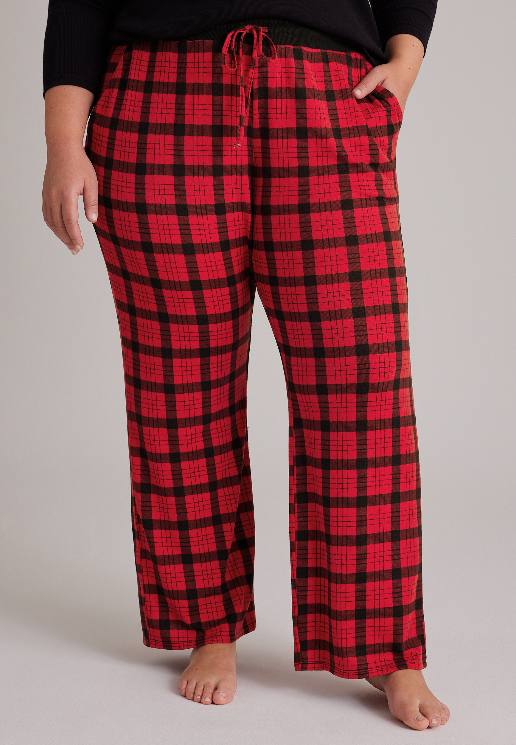 Plus Size Red Plaid Hacci Wide Leg Pajama Pants, C1756, large