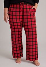 Plus Size Red Plaid Hacci Wide Leg Pajama Pants, C1756, small