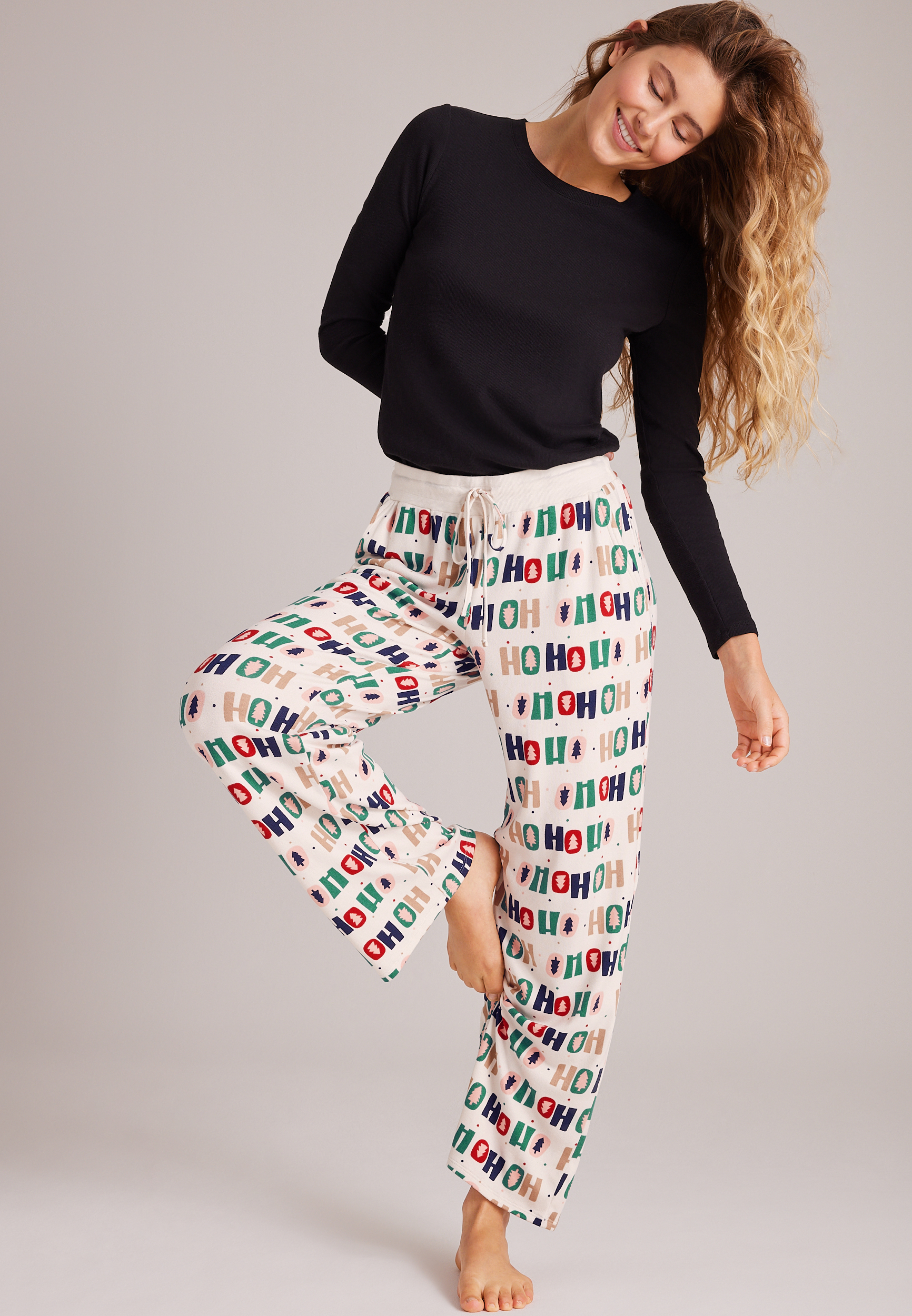 Plus Size Ho Ho Ho Hacci Wide Leg Pajama Pants, C5487, large
