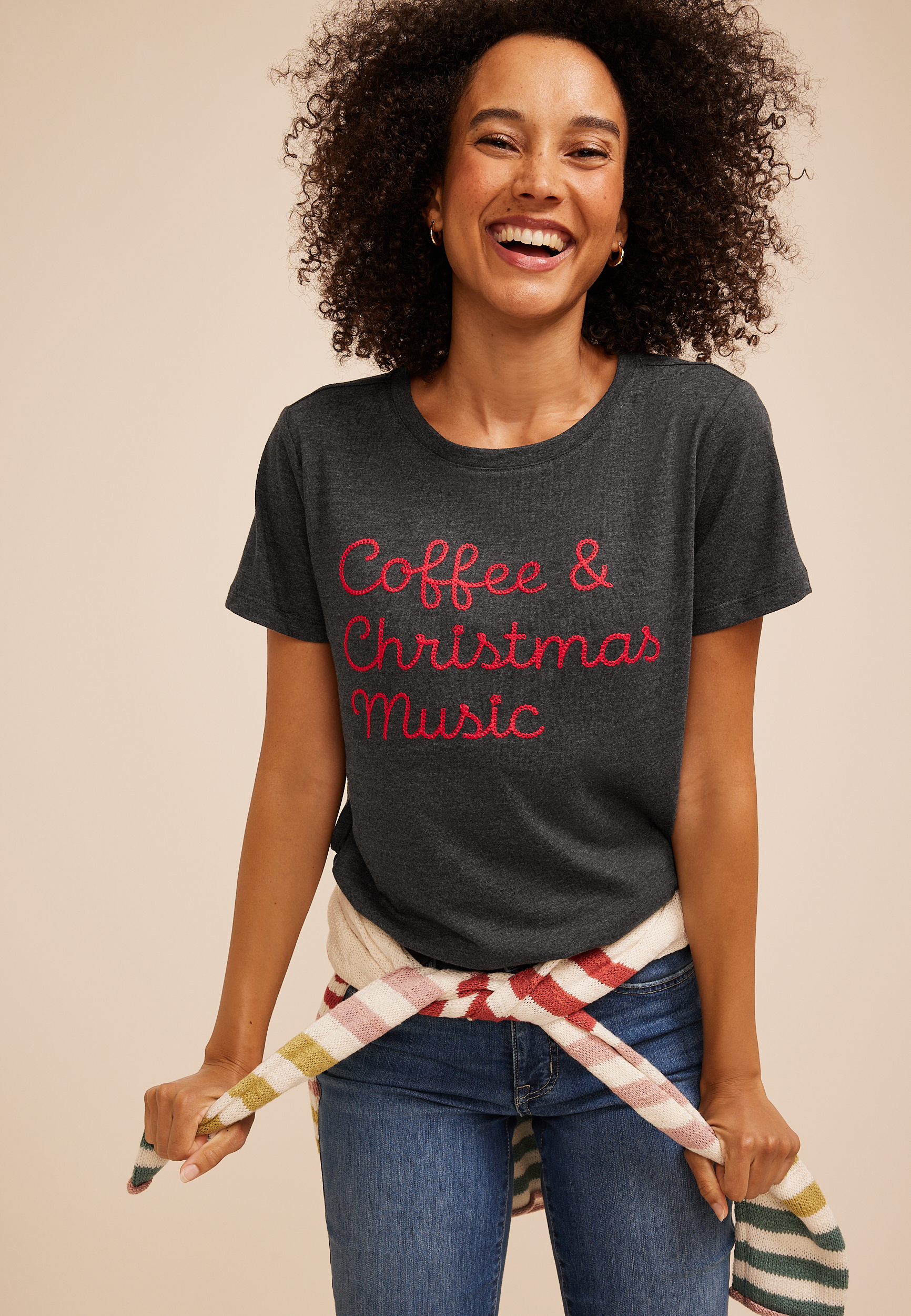 Coffee And Christmas Music Oversized Fit Graphic Tee, C3017, large