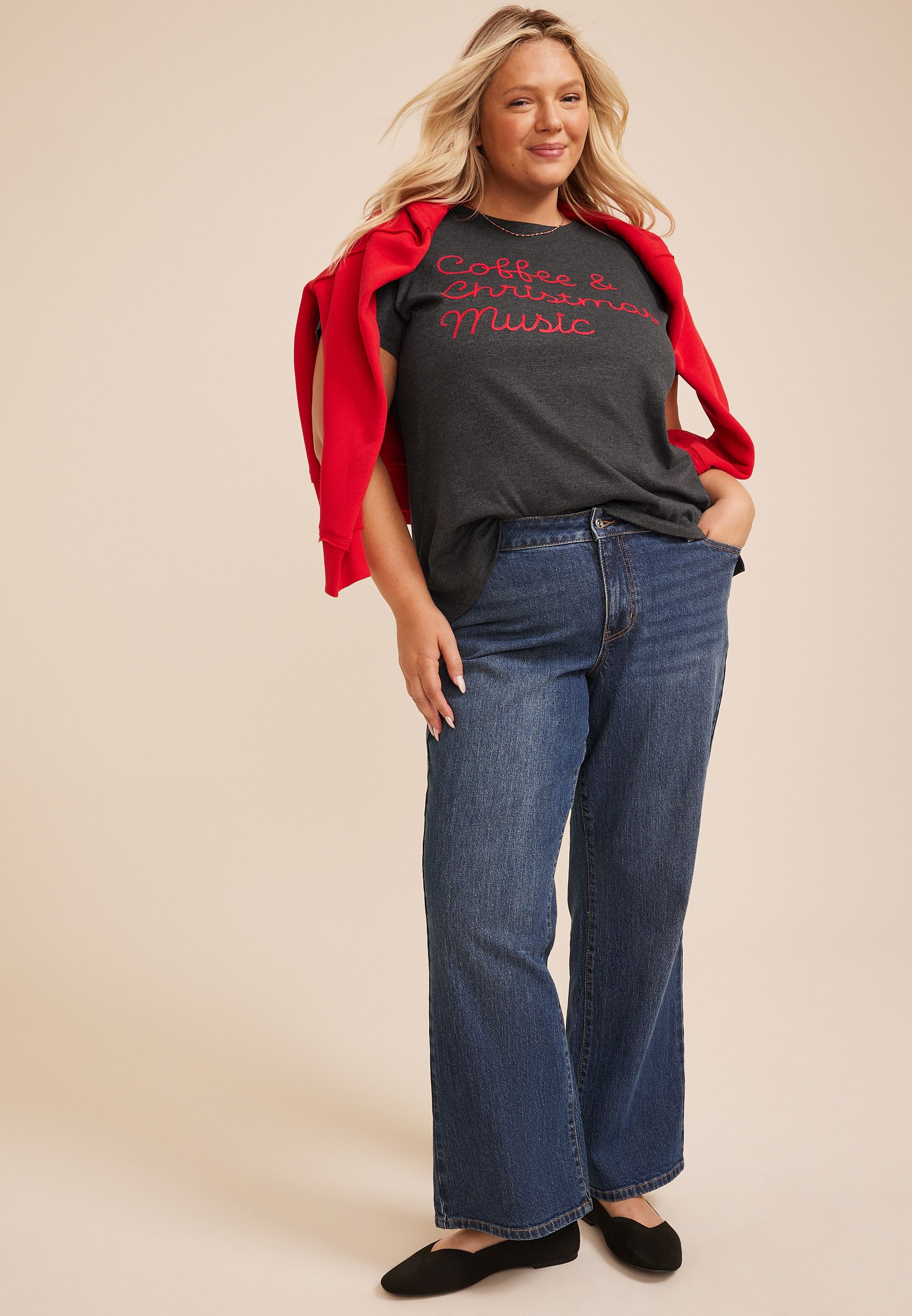 Plus Size Coffee And Christmas Music Oversized Fit Graphic Tee, C3017, large