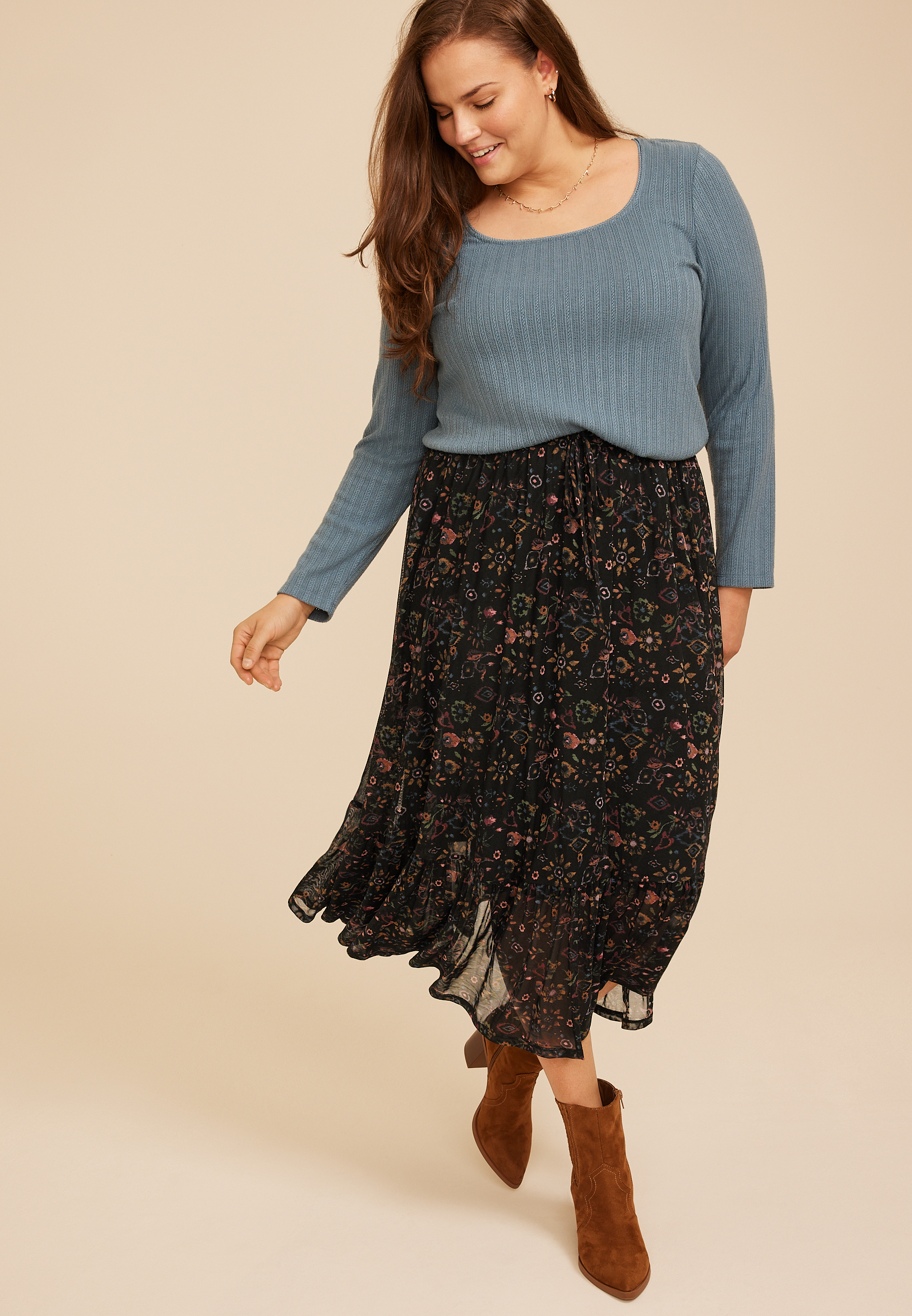 Plus Size Printed High Rise Mesh Maxi Skirt, C1756, large