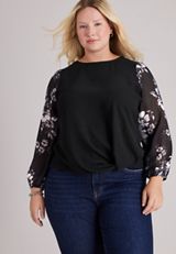 Plus Size Floral Sleeve Knot Front Top, C1756, small
