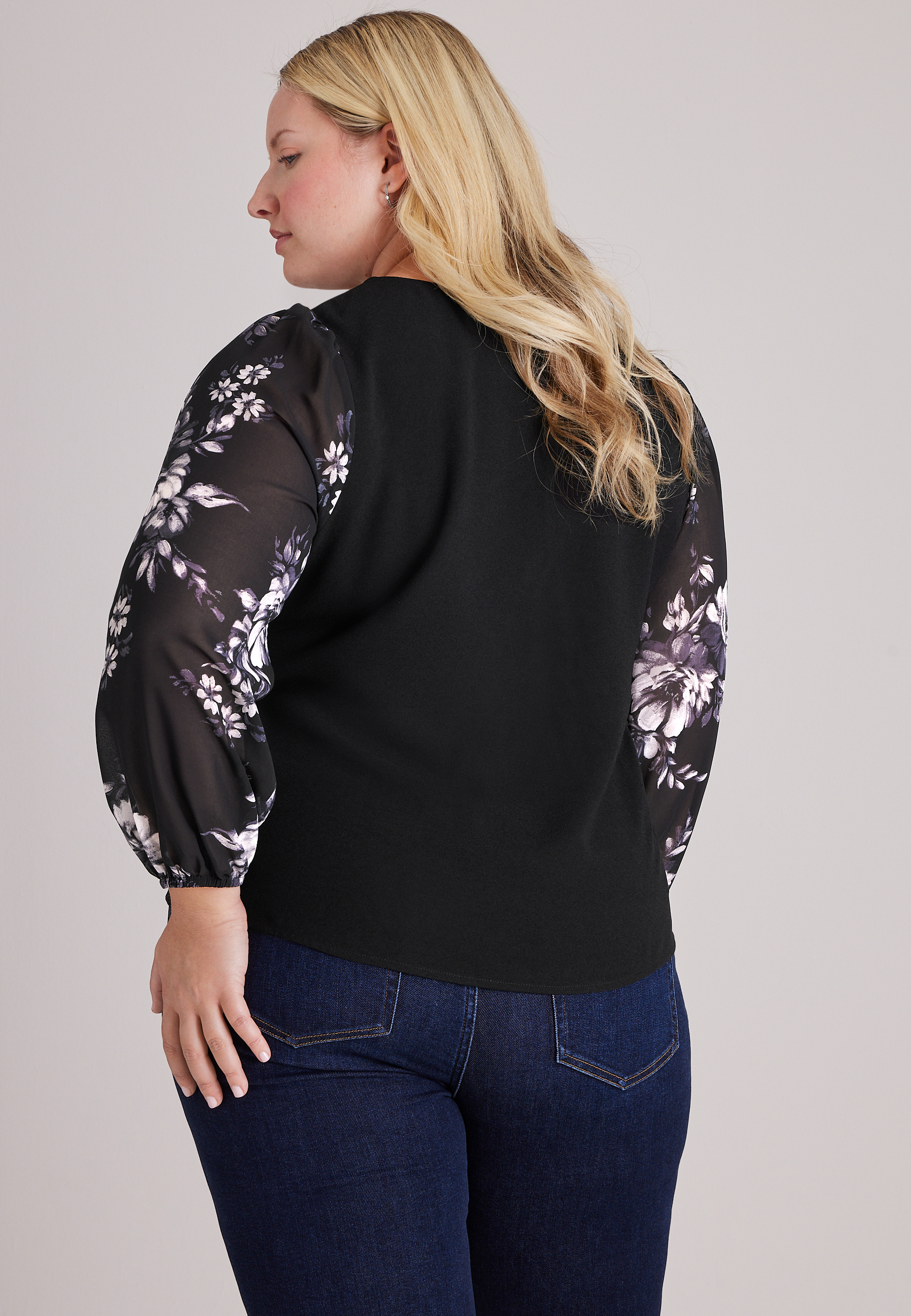 Plus Size Floral Sleeve Knot Front Top, C1756, large