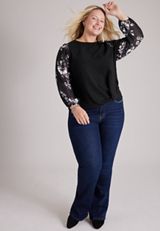 Plus Size Floral Sleeve Knot Front Top, C1756, small