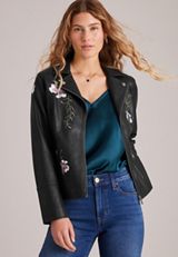 Floral Embroidered Faux Leather Jacket, C106, small