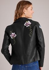Floral Embroidered Faux Leather Jacket, C106, small