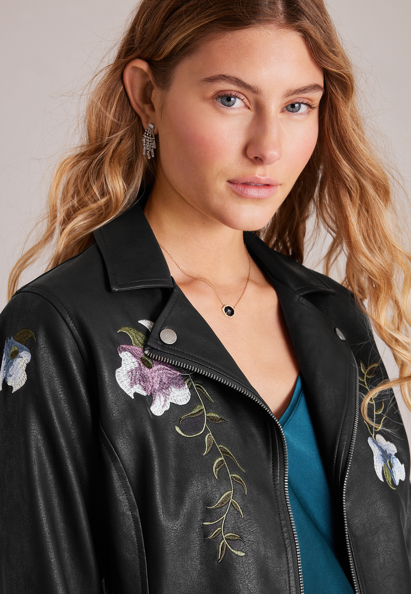 Floral Embroidered Faux Leather Jacket, C106, large