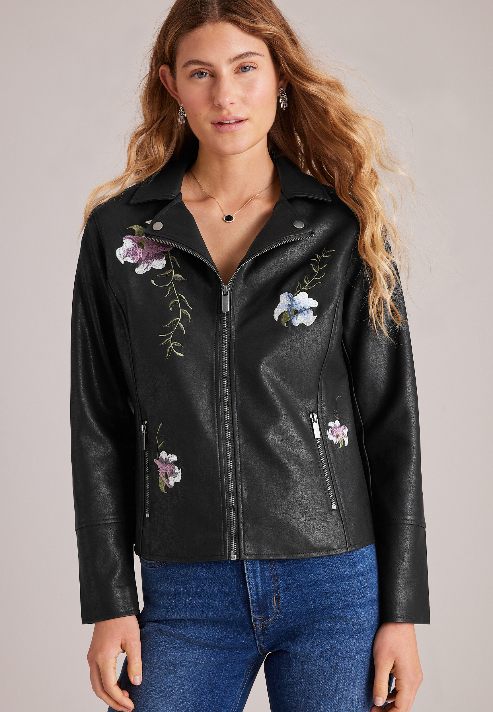 Floral Embroidered Faux Leather Jacket, C106, large