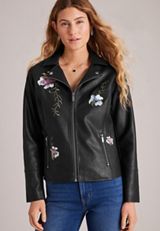 Floral Embroidered Faux Leather Jacket, C106, small