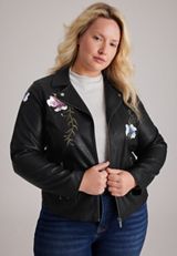 Plus Size Floral Embroidered Faux Leather Jacket, C106, small