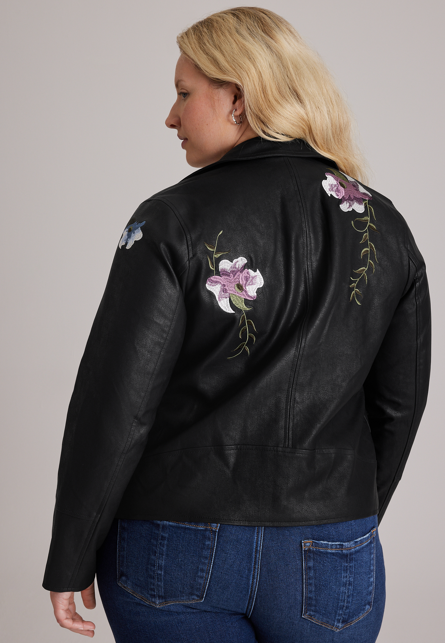 Plus Size Floral Embroidered Faux Leather Jacket, C106, large