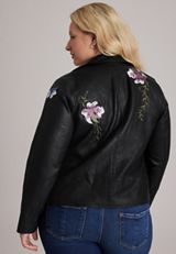Plus Size Floral Embroidered Faux Leather Jacket, C106, small