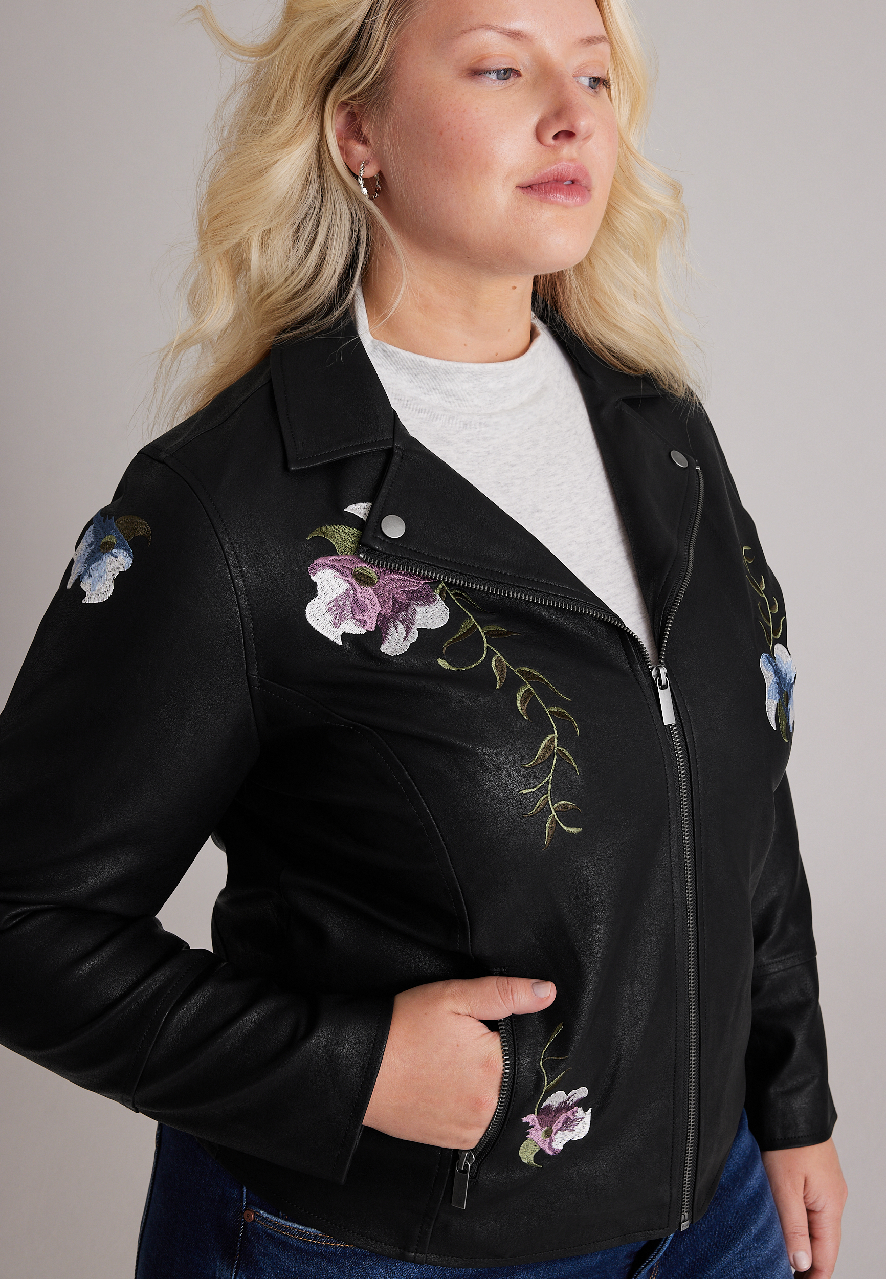 Plus Size Floral Embroidered Faux Leather Jacket, C106, large