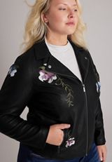 Plus Size Floral Embroidered Faux Leather Jacket, C106, small
