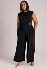 Plus Size Cowl Neck Wide Leg Jumpsuit With Buckle Detail, C106, small