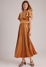 Flutter Sleeve V Neck Velvet Midi Dress, C2325, small