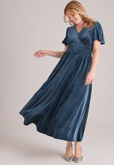 Flutter Sleeve V Neck Velvet Midi Dress, C4861, small