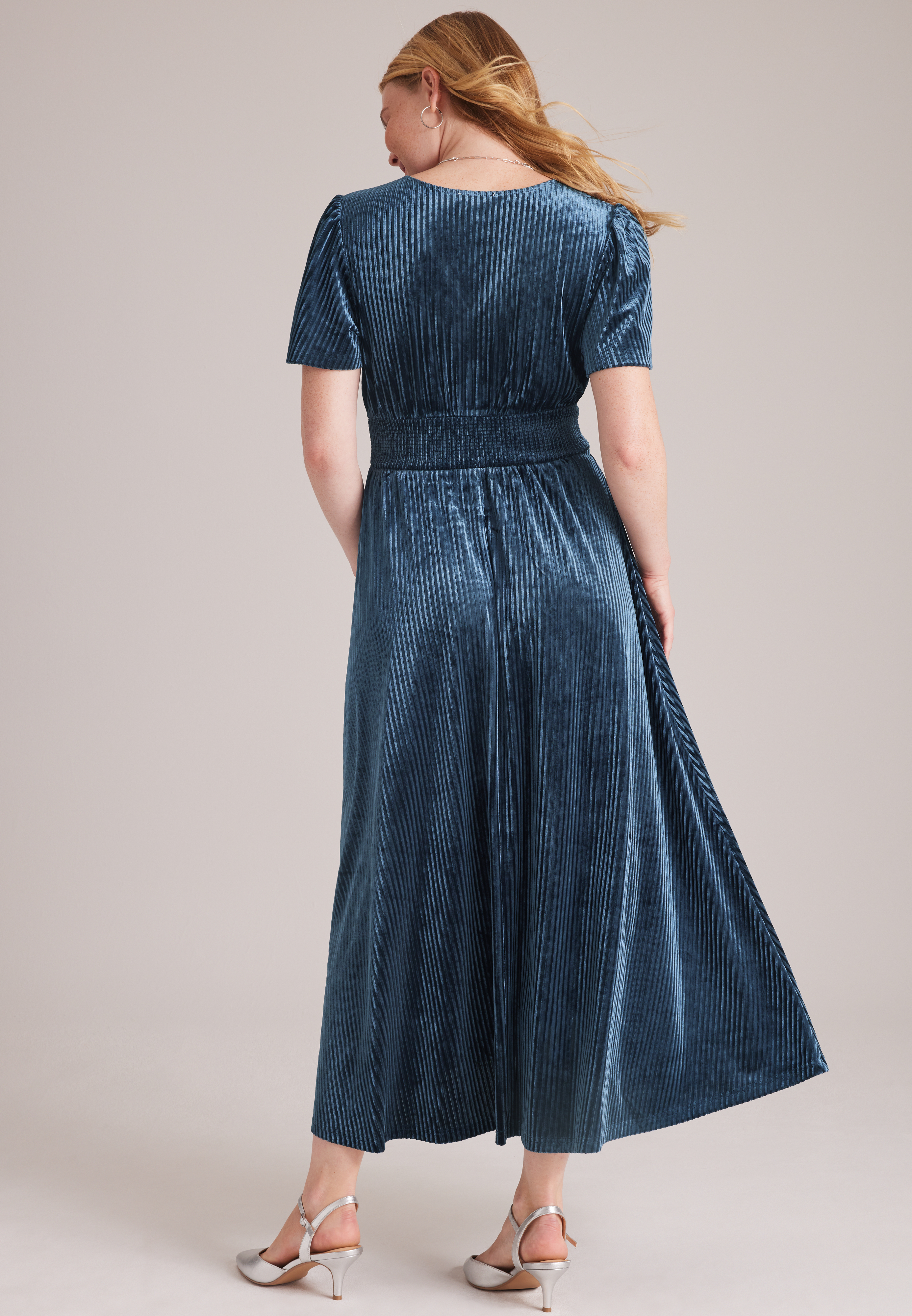 Flutter Sleeve V Neck Velvet Midi Dress, C4861, large