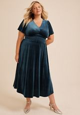 Plus Size Flutter Sleeve V Neck Velvet Midi Dress, C4861, small