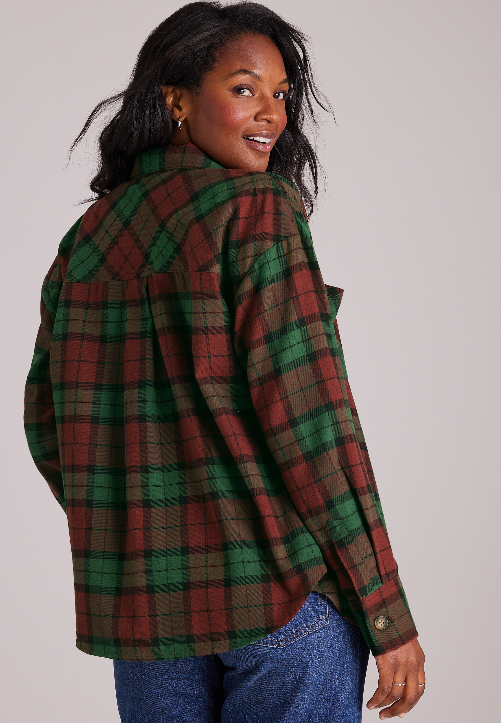Cotton Flannel Plaid Button Front Shirt, C5679, large