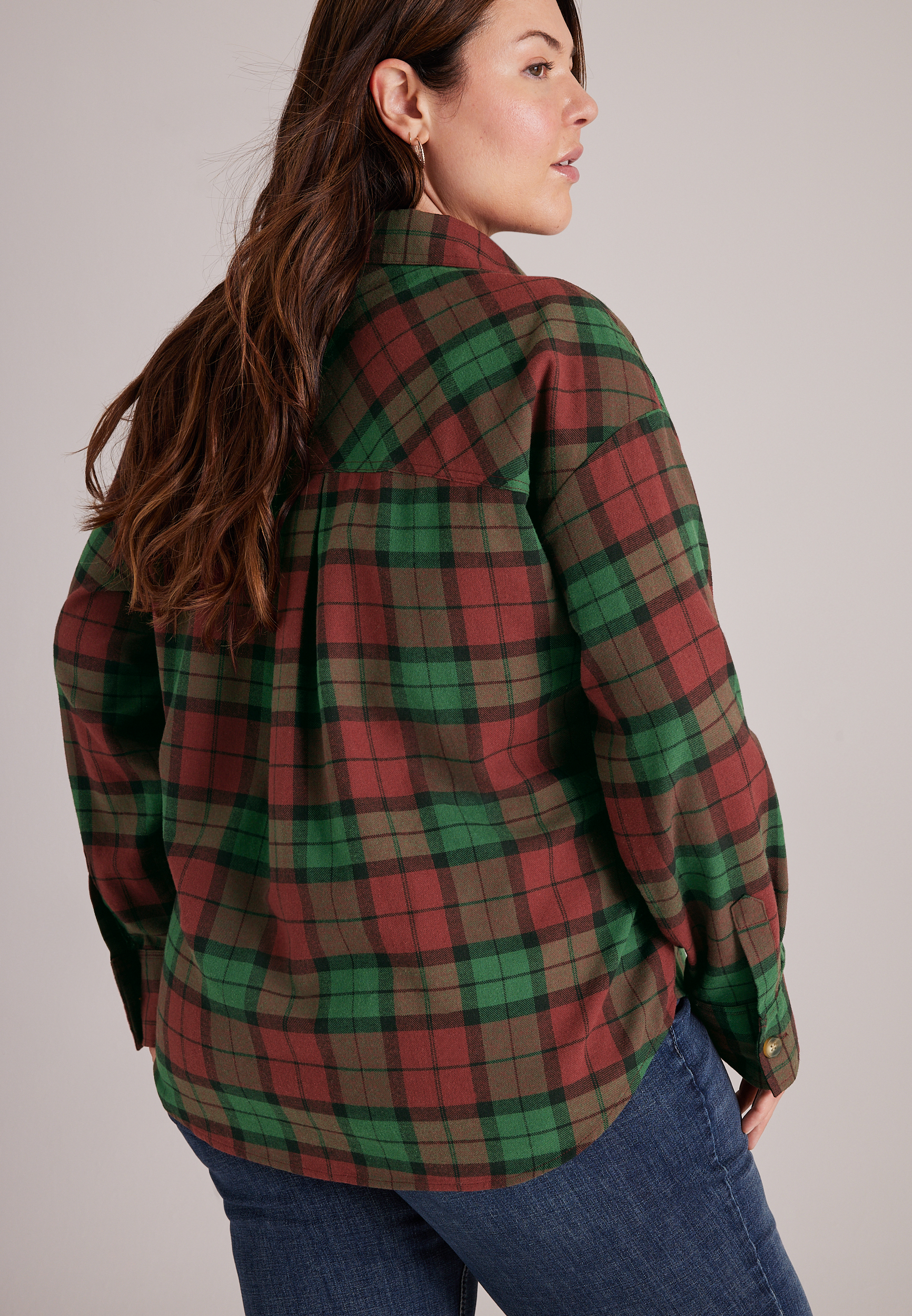 Cotton Flannel Plaid Button Front Shirt, C5679, large