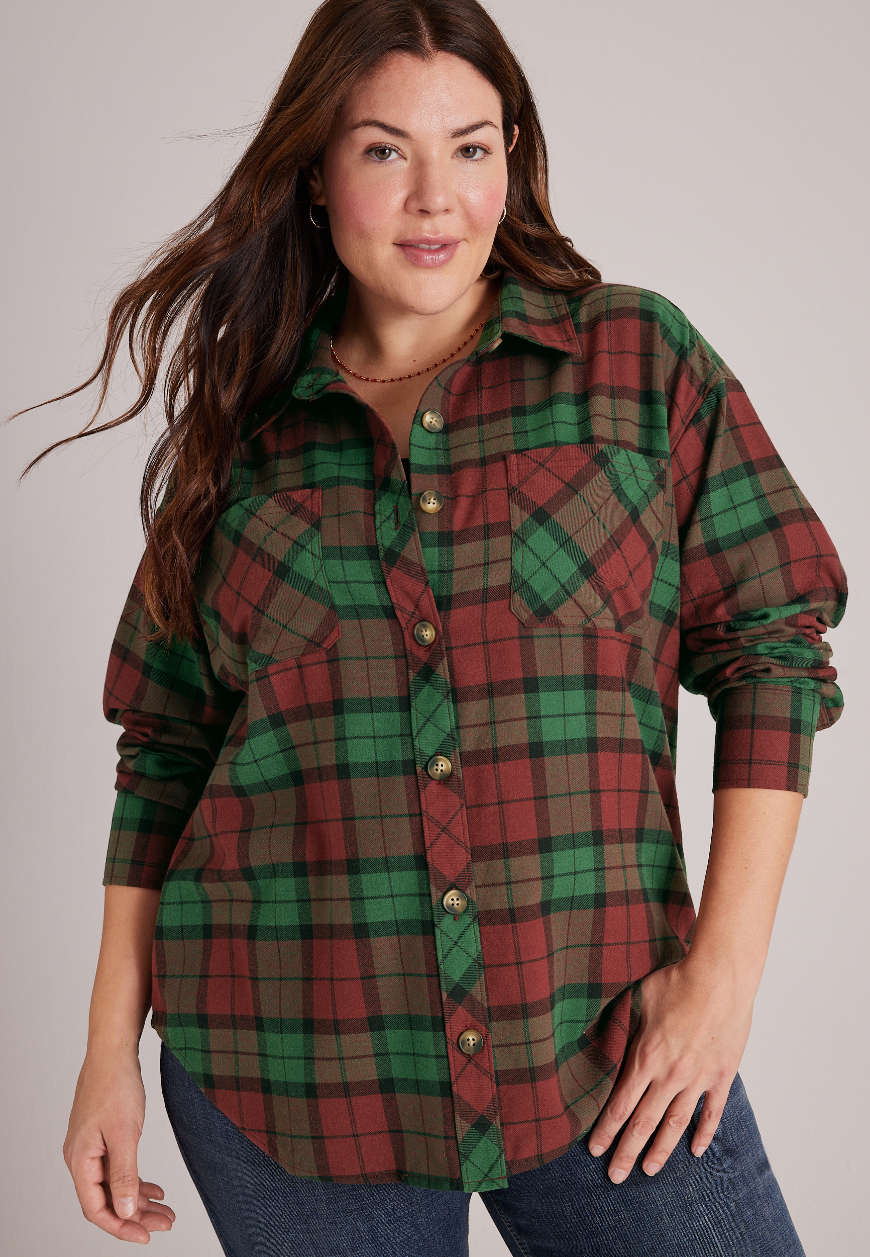 Cotton Flannel Plaid Button Front Shirt, C5679, large