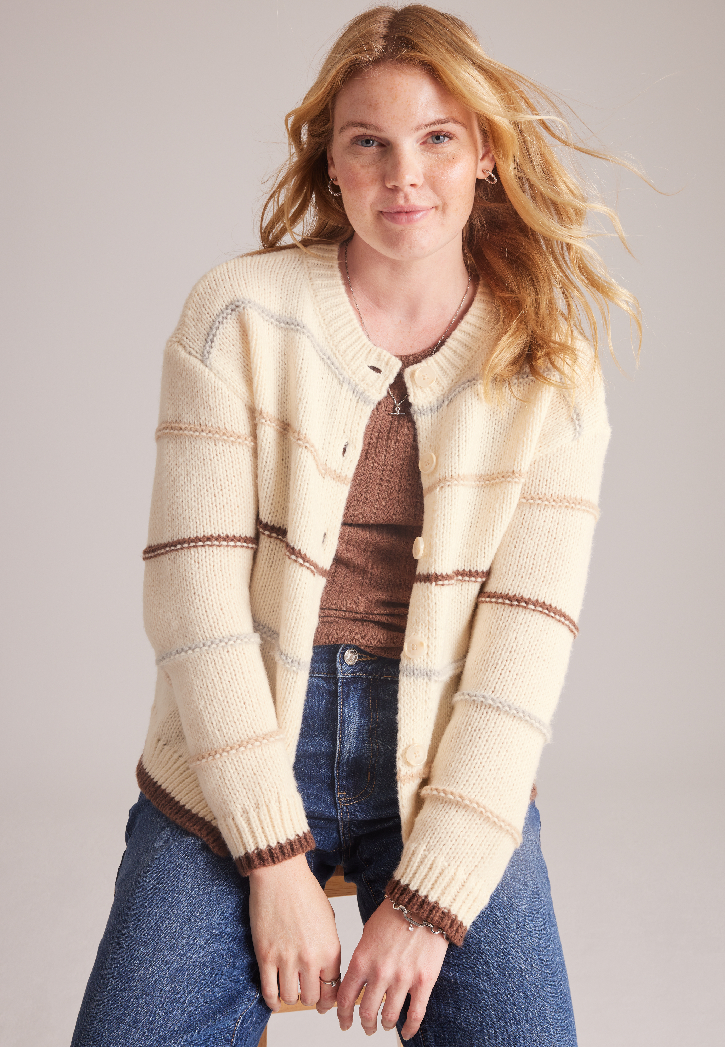 Raised Stitch Stripe Button Front Cardigan, C1246, large