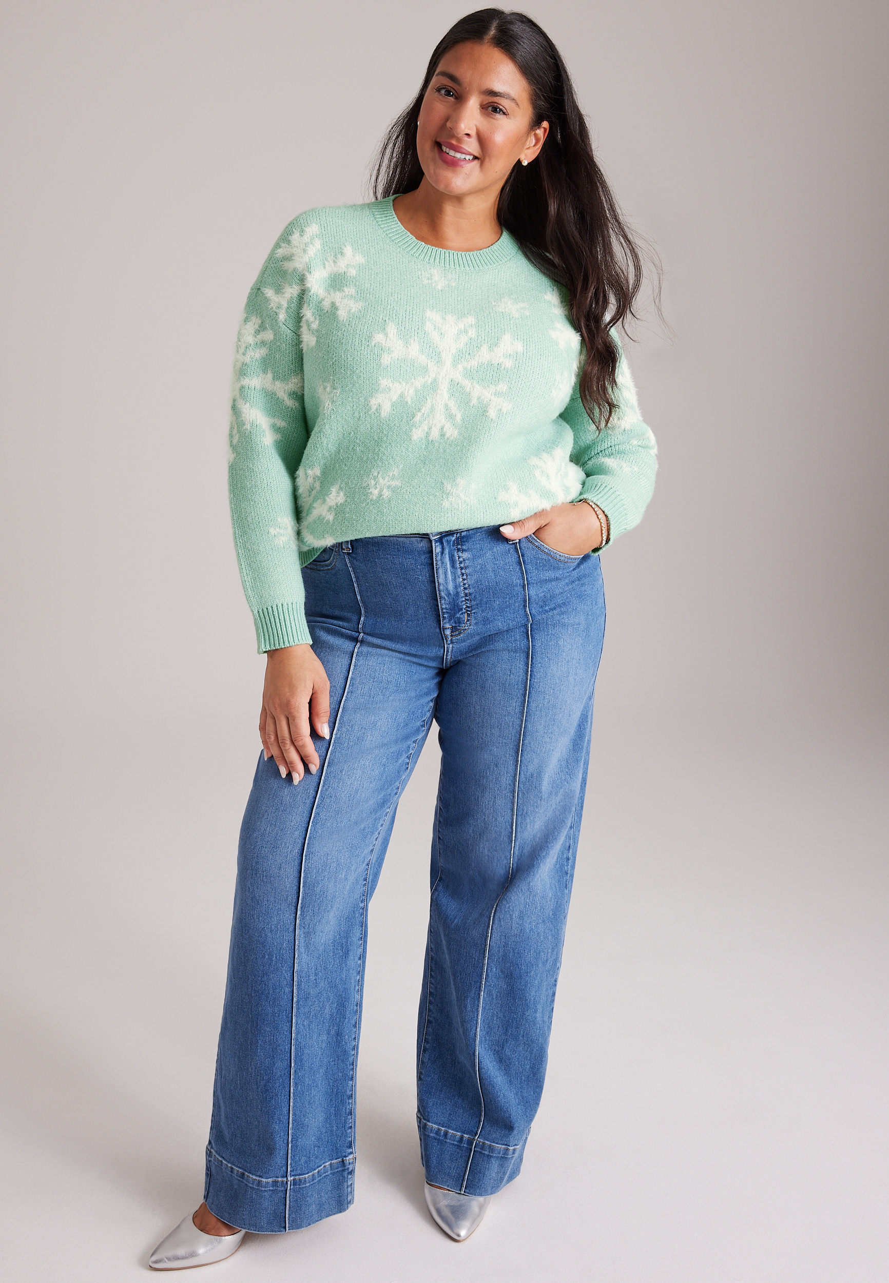 Plus Size Teddy Snowflake Jacquard Sweater, C5375, large